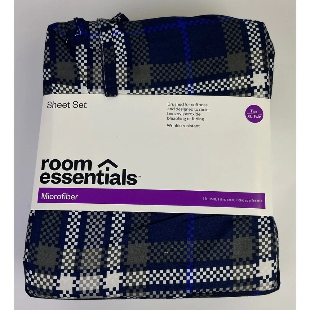 Room Essentials Twin XL Microfiber Sheet‎ Set Navy Blue Plaid Bedding NEW Soft